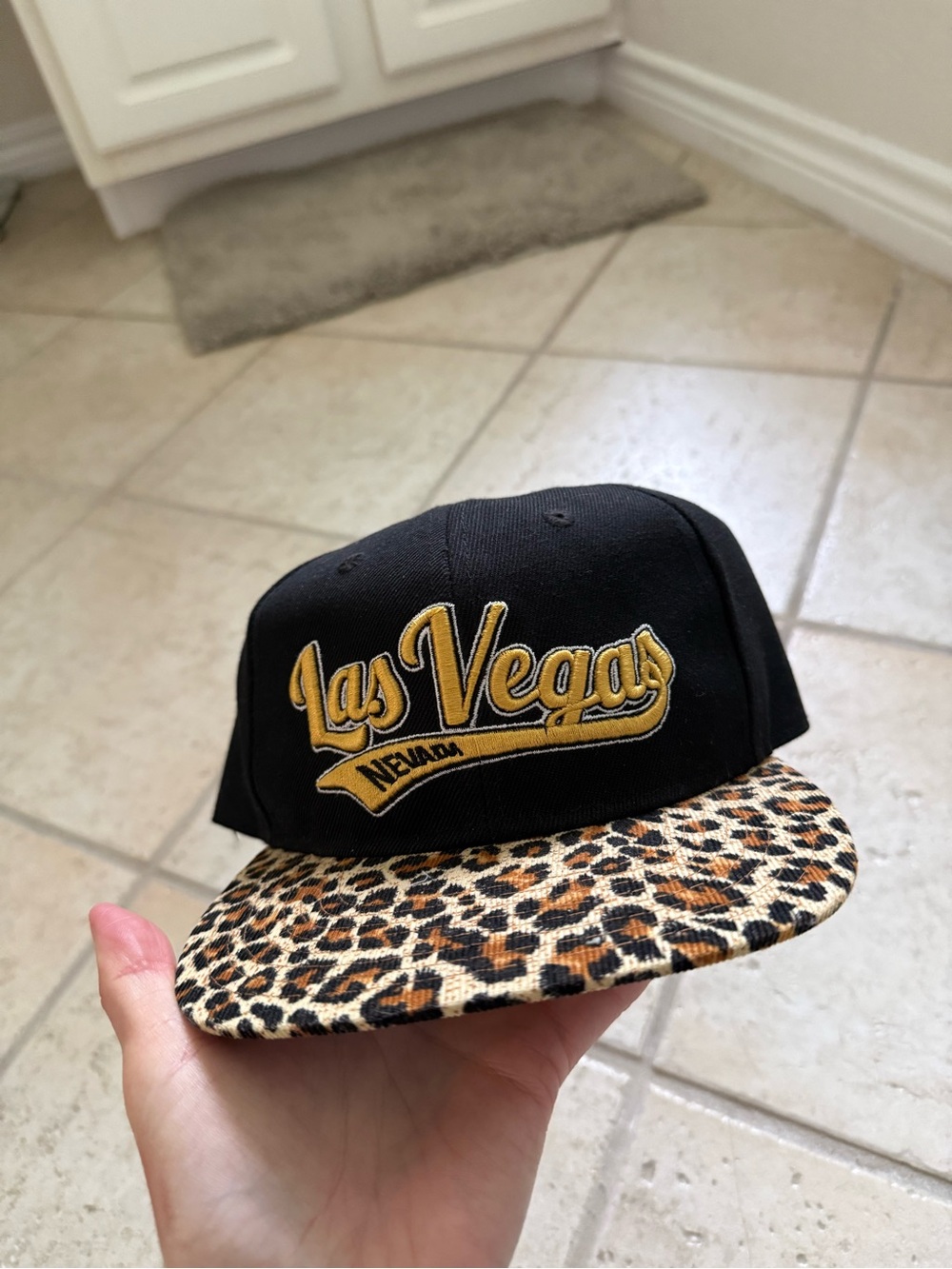 Las Vegas Embroidered Snapback Hat with Leopard Brim